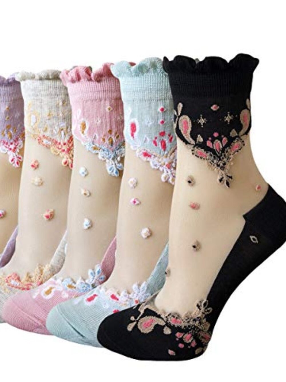 5 Pairs Womens Candy Sheer Mesh Socks, Transparent Floral‎ Lace Socks for Ladies